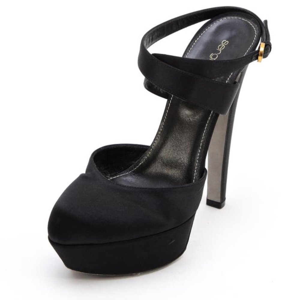 Sergio Rossi Black Satin Pump Leather Milady Platform Pumps sz 38